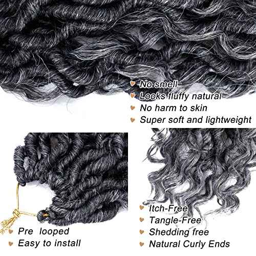 LIYATE Goddess Locs Crochet Hair 14 Inch 6 Packs Faux Locs Crochet Hair for Black Women Pre Looped Soft River Locs Crochet Braids with Curly Hair Bohemian Hippie Locs Hair Extensions(T1B/Gray)
