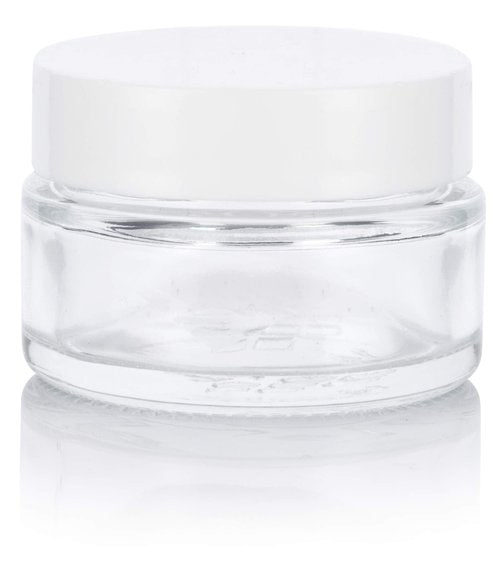 Clear Glass 0.50 oz / 15 ml Low Profile Thick Wall Balm Empty Jars (24 pack, White Smooth Foam Lined Lids)