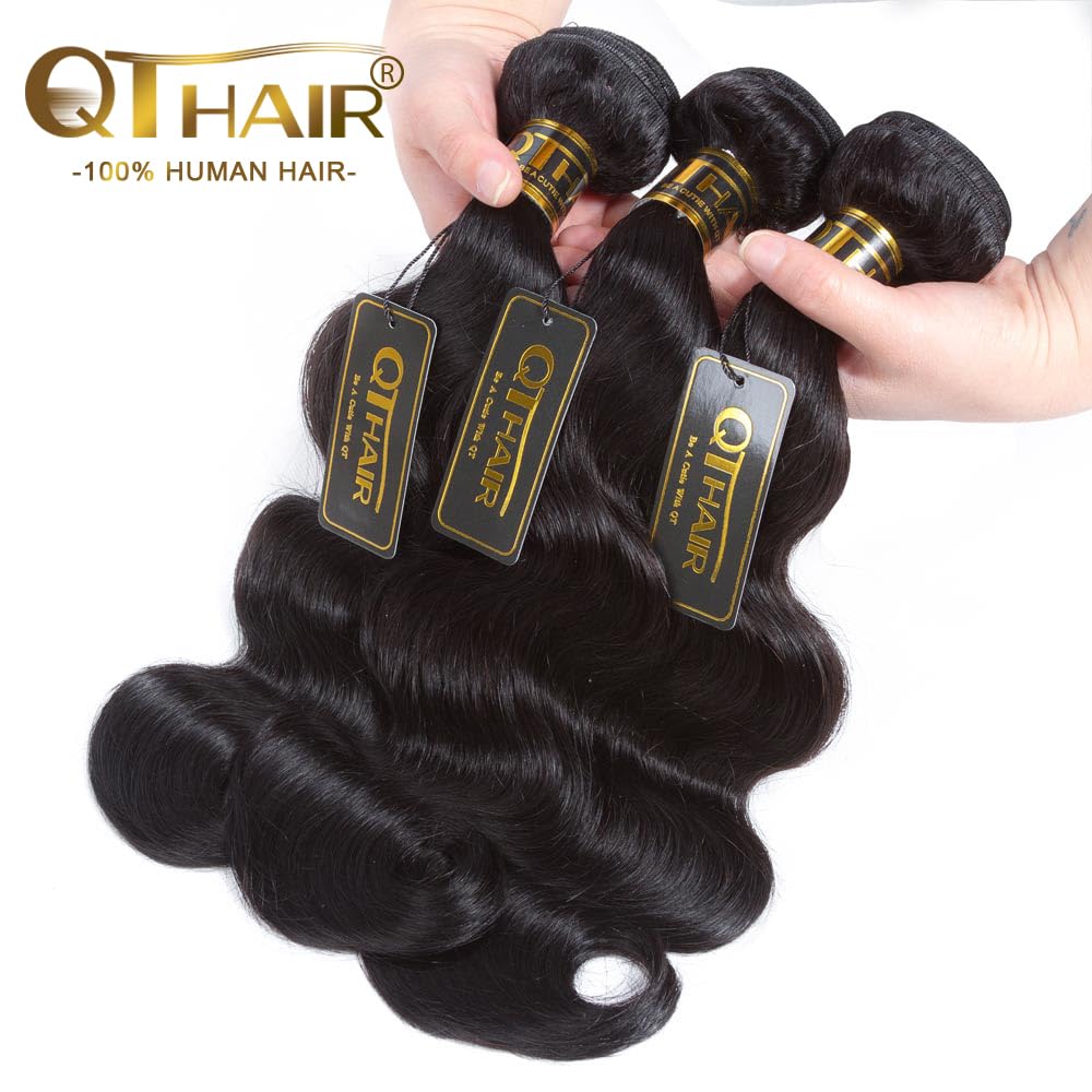 QTHAIR 14A Grade Brazilian Virgin Body Wave Hair (12 14 16,300g/10.5OZ,Natural Black)100% Unprocessed Brazilian Body Wave Virgin Human Hair Extensions Body Wave Brazilian Human Hair for All Women