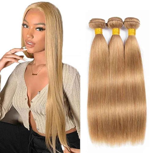 Honey Blonde Human Hair Bundles 16 18 20 Inch Straight Bundles Human Hair Unprocessed Native Virgin Hair 100/PC 3 Extensions #27 Blonde Color Wet and Wavy Human Hair Extensions for Women