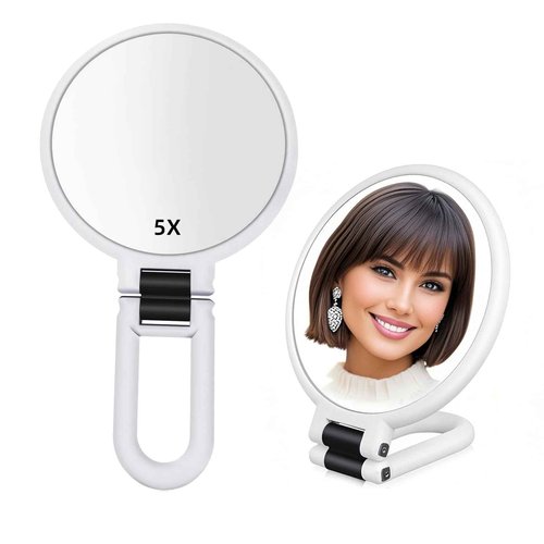 Stianiiie 1X 5X Handheld Mirror with Handle for Travel， Magnifying Mirror, Magnification, Rotation Adjustable Handle, Double Sided Folding, Mirror for Women for Eyes Makeup Travel Shaving (White)