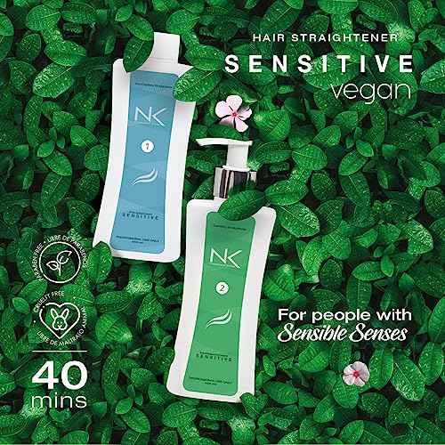 NK Professional Care Sensitive Keratin Hair Straightening Treatment, Vegan, Formaldehyde Free. Kit Steps 1,2,3,4. Sensitive straightening treatment, post-treatment shampoo and restorative mask.