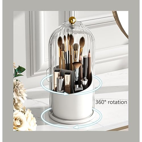 360¡ÆRotating Makeup Brushes holder with Lid£¬Make Up Organizers and Storage for Vanity Countertop or Bedroom Dresser£¨Transparent white£©