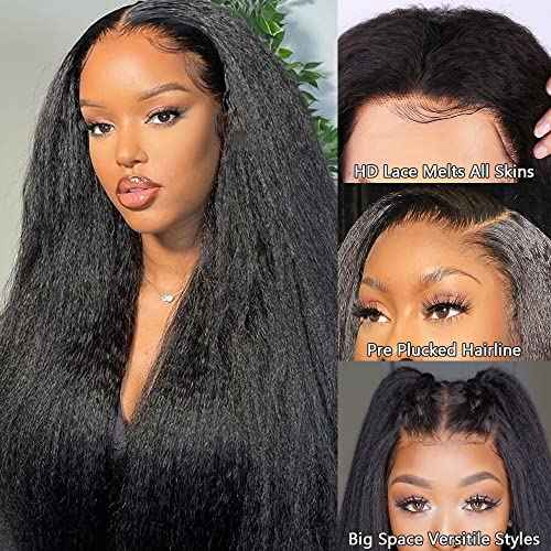 GOLFMAX Kinky Straight Lace Front Wigs Human Hair Pre Plucked With Baby Hairs 180% Density Yaki Straight 13x4 Transparent HD Glueless Lace Wig Human Hair Wigs For Black Women 24 Inch
