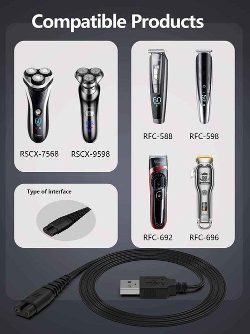 USB Charger Cord Compatible with Hatteker Cordless Pro Hair Clippers Beard Trimmer RFC-588 RFC-598 RFC-690 RFC-692 RFC-696 RSCX-7568 RSCX-9598 Shaver Razor Power Charging Cable Replacement Black 5FT