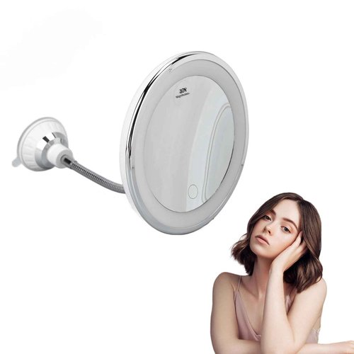 Zetiling 10x Magnification LED Makeup Mirror, Wall Mount, Round, 17.3"L x 6.9"W, Black Frame, Modern Style, Adjustable Brightness, Three Light Colors, Suction Cup Design