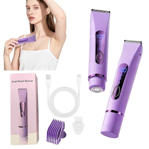 Bikini Trimmer for Women Electric–Double Head Dual Purpose, Ceramic Blade,IPX7 Waterproof,LCD Power Display,USB Rechargeable,Wet/Dry Painless Hair Removal for Face & Body (Violet)