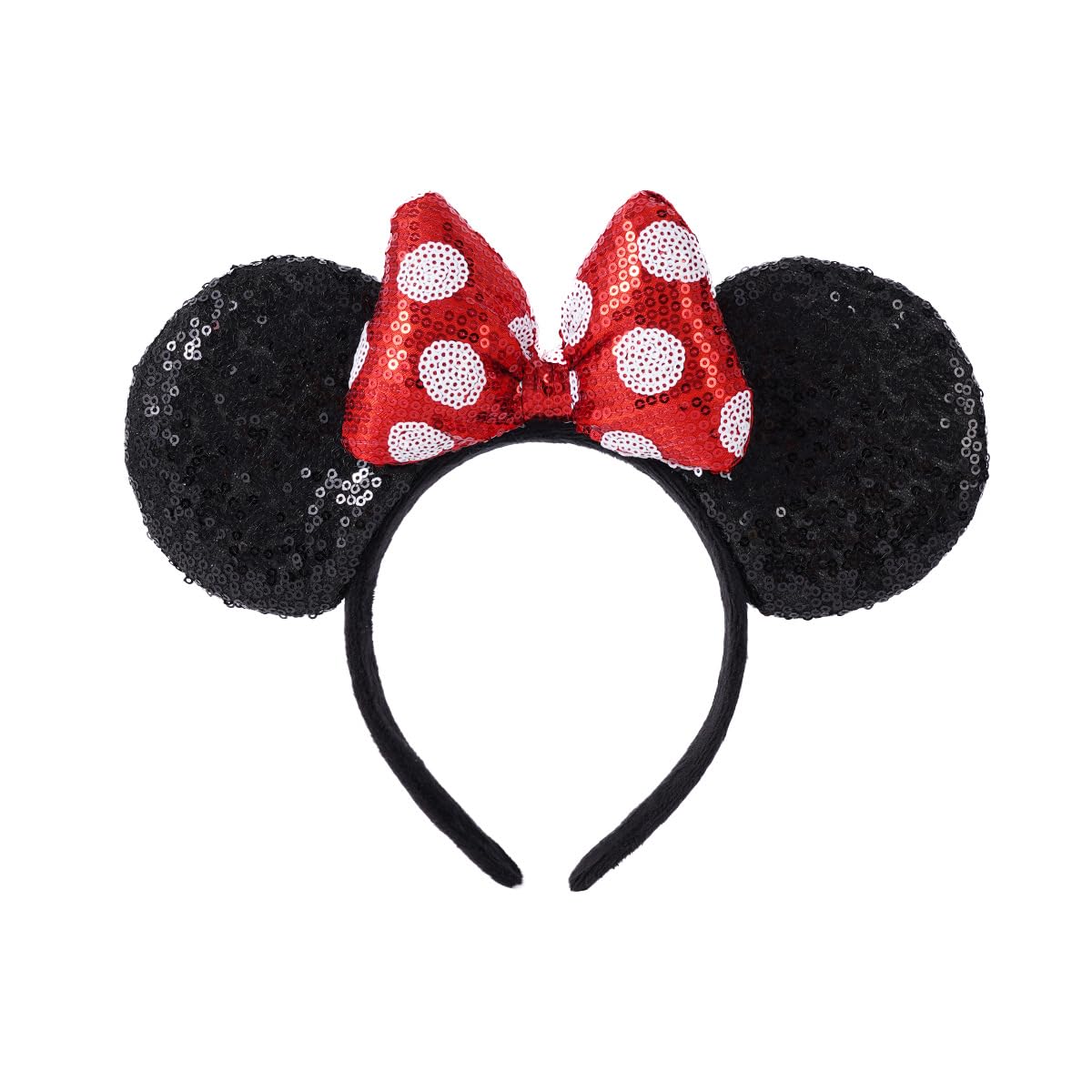 YOVECATHOU Mouse Deluxe Ear Bow Headbands Sequins Hairbands Women Hair Accessories For Cosplay Costume Party (Black Red White Dot)