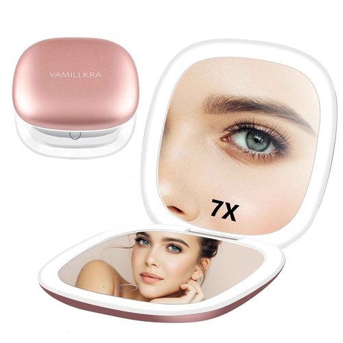 Vamillkra Travel Mirror with Light, 1X/7X Magnifying Mirror, 4 Inch LED Lighted Rechargeable Compact Makeup Mirror, 3 Colors Dimmable Light Up Portable Pocket Mirror for Handbag (Rose Gold 7X)