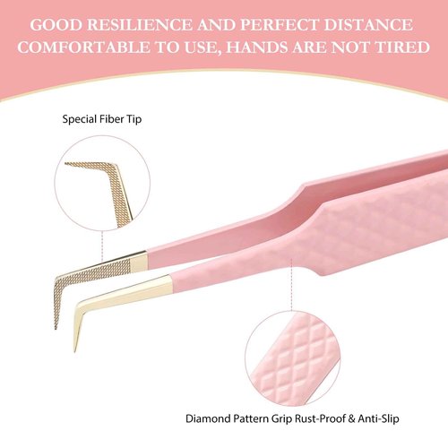 Oranllow Lash Tweezers Set for Eyelash Extensions - 3 Precision Fiber Tip Diamond Grip, Volume,L-shape Boot, 90 Degree Lash Tweezers for Volume Classic Lashes Premade Fans (3)