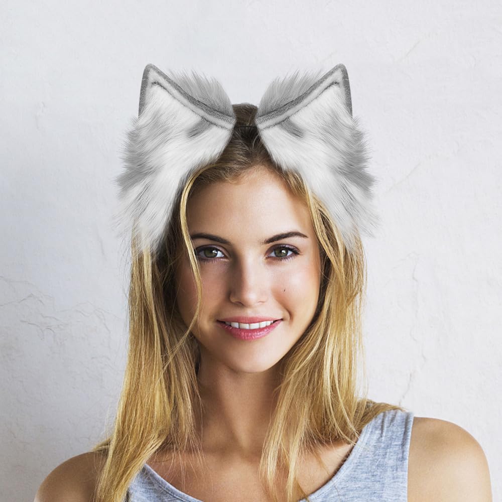 GaliaFaya Cat Wolf Fox Dog Ears Headband Handmade Long Faux fur Cosplay Halloween Costume Party (Grey and White)