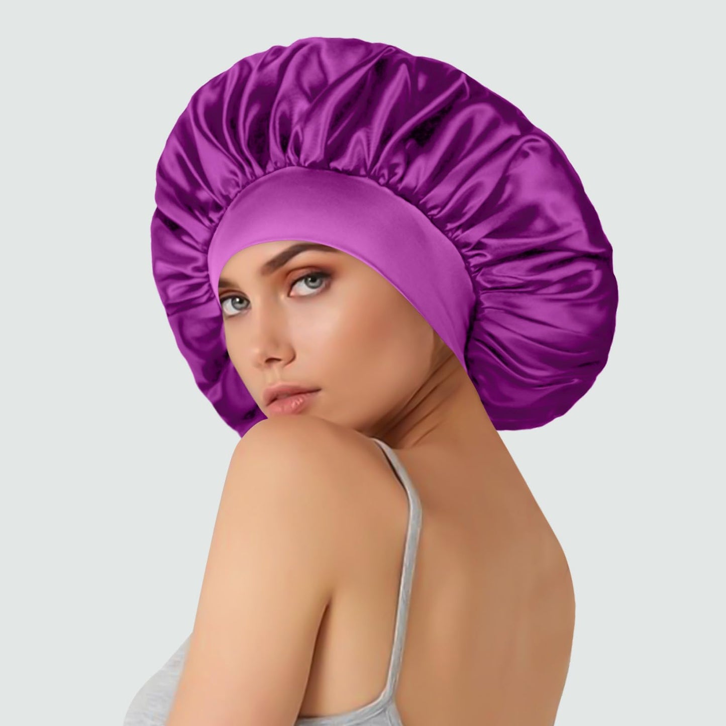 2 Pcs Extra Large Satin Hair Bonnet for Sleeping Cap 17 inches Jumbo Silk Sleep Bonnet for Women (Teal & Purple)