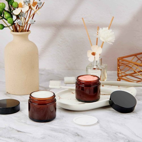 2oz Jars with Lids, Hoa Kinh 24 Pack Amber Glass Jars with Lids Empty Cosmetic Containers Round Airtight Glass Jar with Inner Liners and black Lid for Storing Lotions, Powders, and Ointments