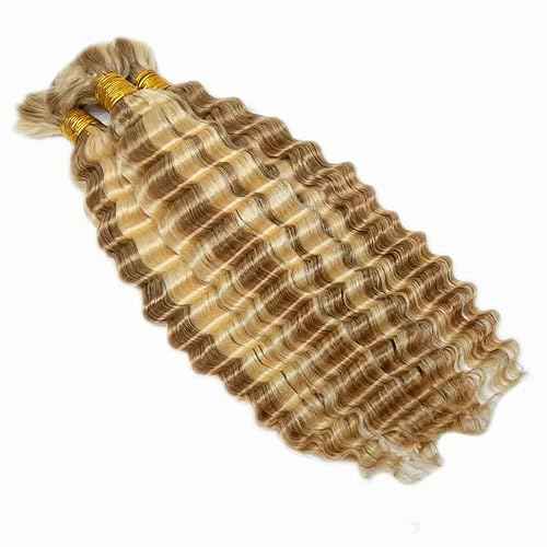 P27/613 Blonde Human Braiding Hair Deep Wave Bulk 28 28 28 Inch Human Hair Weave 3 Bundle Unprocessed Brazilian Virgin Hair Highlight Blonde Deep Wave Braiding Hair Extensions 50 Grams/Bundle