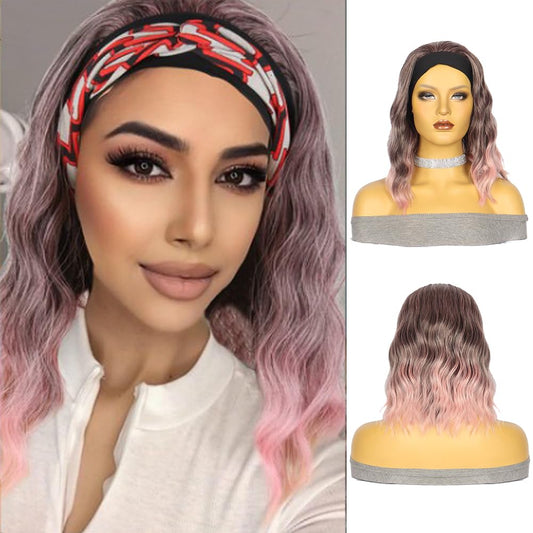 Gusif Short Wavy Bob Headband Wig Ombre Pink Headband Wigs for Black Women Natural Hairline Bob Wig Glueless Shoulder Length Synthetic Wig (Ombre Pink)