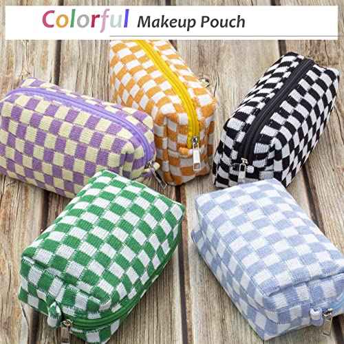 PAZIMIIK Checkered Makeup Bag for Purse Portable Zipper Make Up Pouch Small Cosmetic Case for Travel Accessories (6PCS Blue)