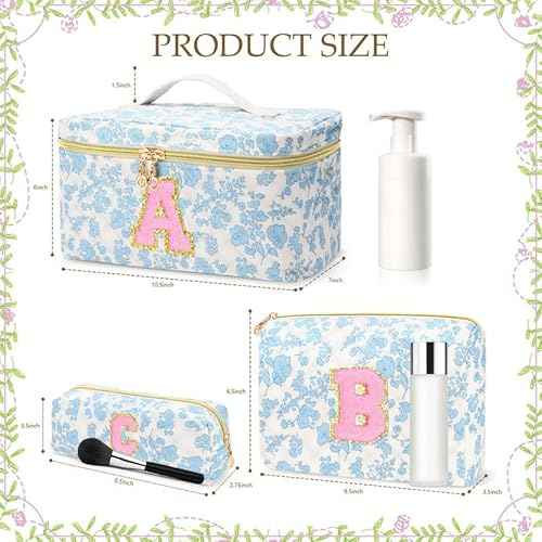 3 PCS Travel Makeup Bag Set,A-Z Initials Cotton Make up Bag Floral Quilted Cosmetic Bag for Girls and Women,Personalized Christmas Gifts,Cute Toiletry Travel Accessories Brushes Bags-L
