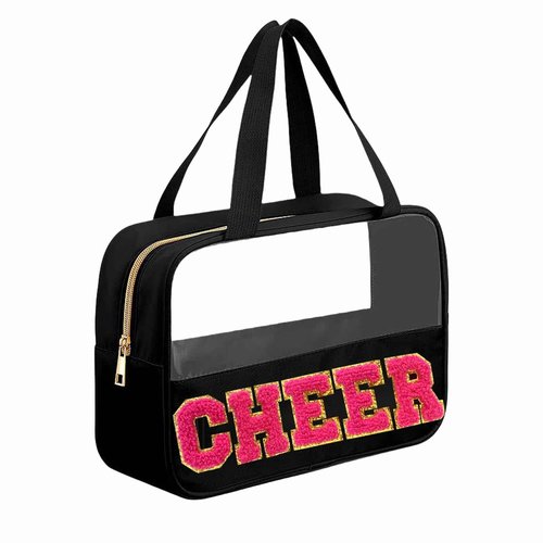 JOJOPOLLO Chenille Pink Letter Cheer Bag Cheerleader Gifts for Team Women Girls Cheer Stuff Accessories Makeup Bag with Handle and Zipper, Cheer Gifts