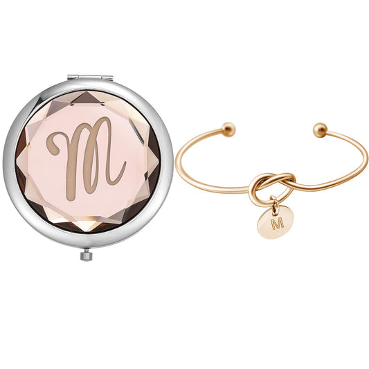 Compact Crystal Pocket Makeup Mirrors,Letter Mirrors Set Include 1 Letter Mirror 1 Letter Love Knot Bracelets for Bachelorette Party Bridesmaid Proposal Gifts ,Wedding Party Gifts. (Champagne M)