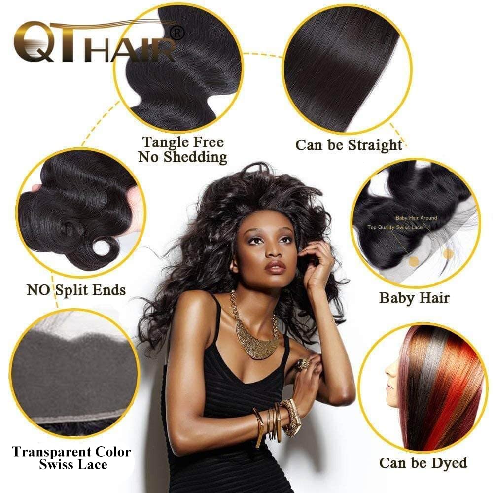 QTHAIR 14A Grade Brazilian Body Wave Human Hair Bundles with 13x4 Frontal (20 20 22+18)100% Unprocessed Brazilian Body Wave Virgin Human Hair with 13x4 Ear to Ear Lace Frontal Pre Plucked