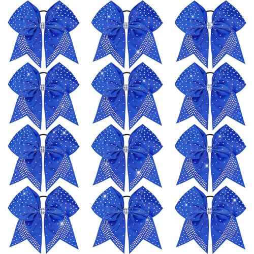Oaoleer 12PCS Glitter Cheer Hair Bows for Cheerleading, 7inch Large Jumbo Cheer Bow with Ponytail Holder for Teen Girls Softball Cheerleader (Blue)