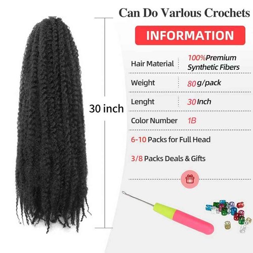 Marley Twist Braiding Hair 30 Inch Marley Twist Hair 8 Packs Cuban Twist Hair Afro Kinky Crochet Hair Synthetic Marley Hair Extensions (30 Inch(Pack of 8),1B)