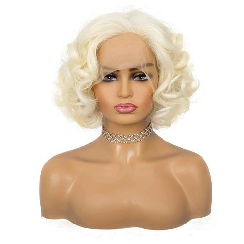 Amnenl Short Blonde 1920s Lace Front Wig Curly Bob Synthetic Hair Natural Hairline Platinum Blonde 40s 50s Wigs for Women