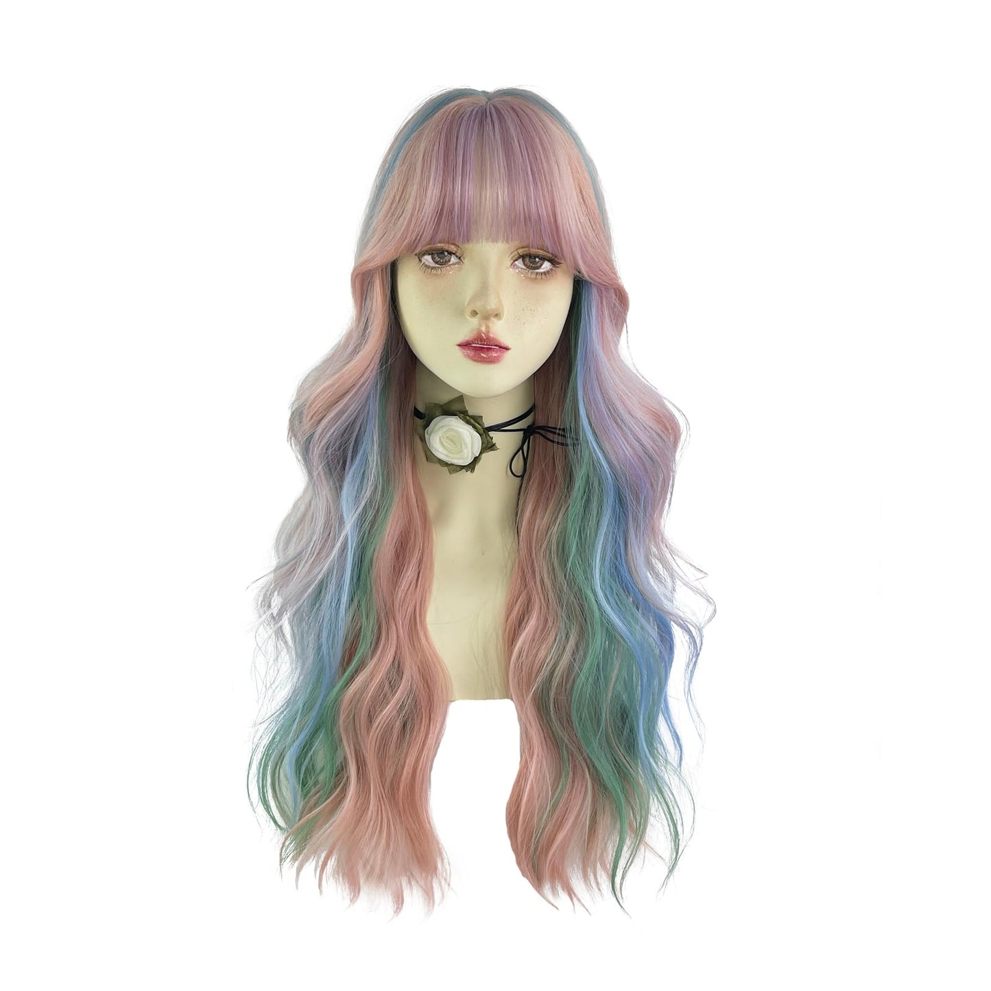 WKLOUYHE Rainbow Long Wavy Wigs with Bangs for Women Loose Wavy Wig Curly Wavy Synthetic Cosplay Wig for Girl Colorful Costume Wigs