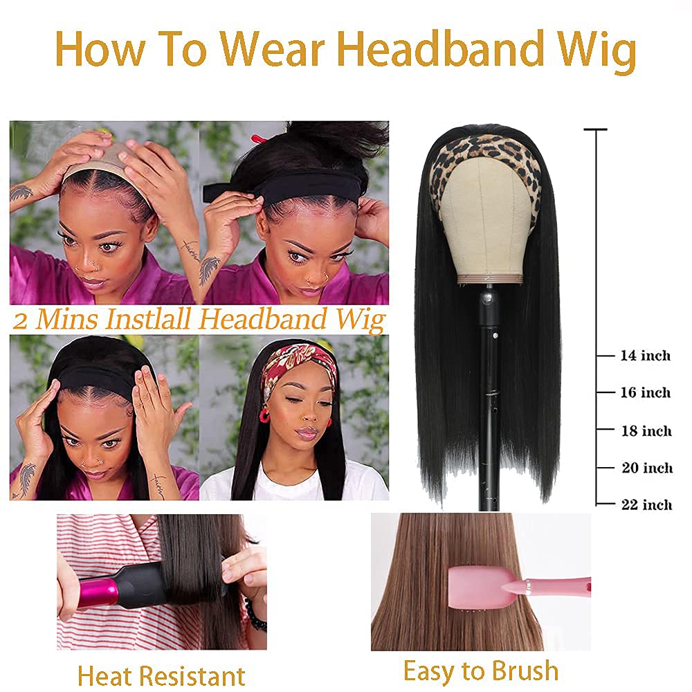 Angels Beauty Straight Headband Wig for Women Black 22 Inch Long Straight Headband Wig Premium Synthetic Headband Wig Natural Glueless None Lace Front Wigs with Headbands & Wig Caps(Black)