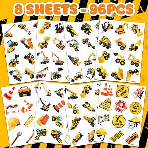 96 PCS Construction Car Truck Pre-Cut Temporary Tattoos for Kids | Super Cute Themed Birthday Party Favors, Supplies, Decorations, Fake Tattoo Stickers (multiple)