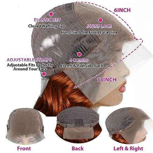 200 Density 13x6 Reddish Brown Lace Front Wigs Human Hair Pre Plucked 13x6 HD Transparent Body Wave Lace Front Wigs Human Hairs With Baby Hair Ginger #33 Colored Human Hairs Wig For Women (20 Inch)