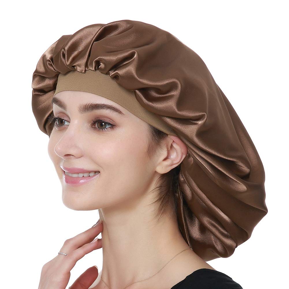 Satin Sleep Caps for Women Curly Hair Night Hat Coffee