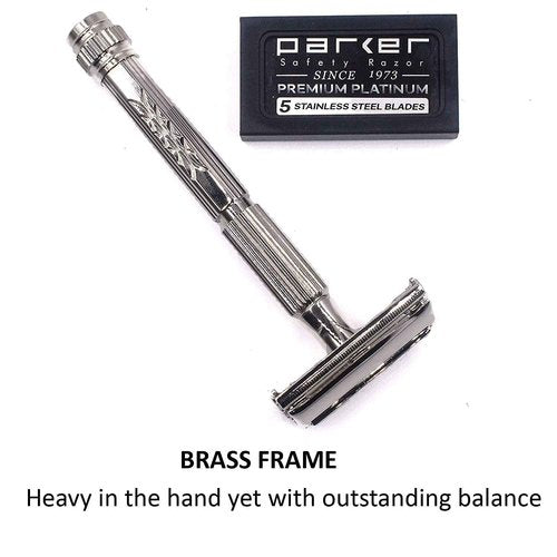 Parker 60R Long Handle Butterfly-Open DE Safety Razor for Men – Solid Brass, Nickel-Plated Wet Shaving Razor – Includes 5 Platinum Blades–Close, Comfortable Shave, Reduces Razor Burn & Ingrown Hairs
