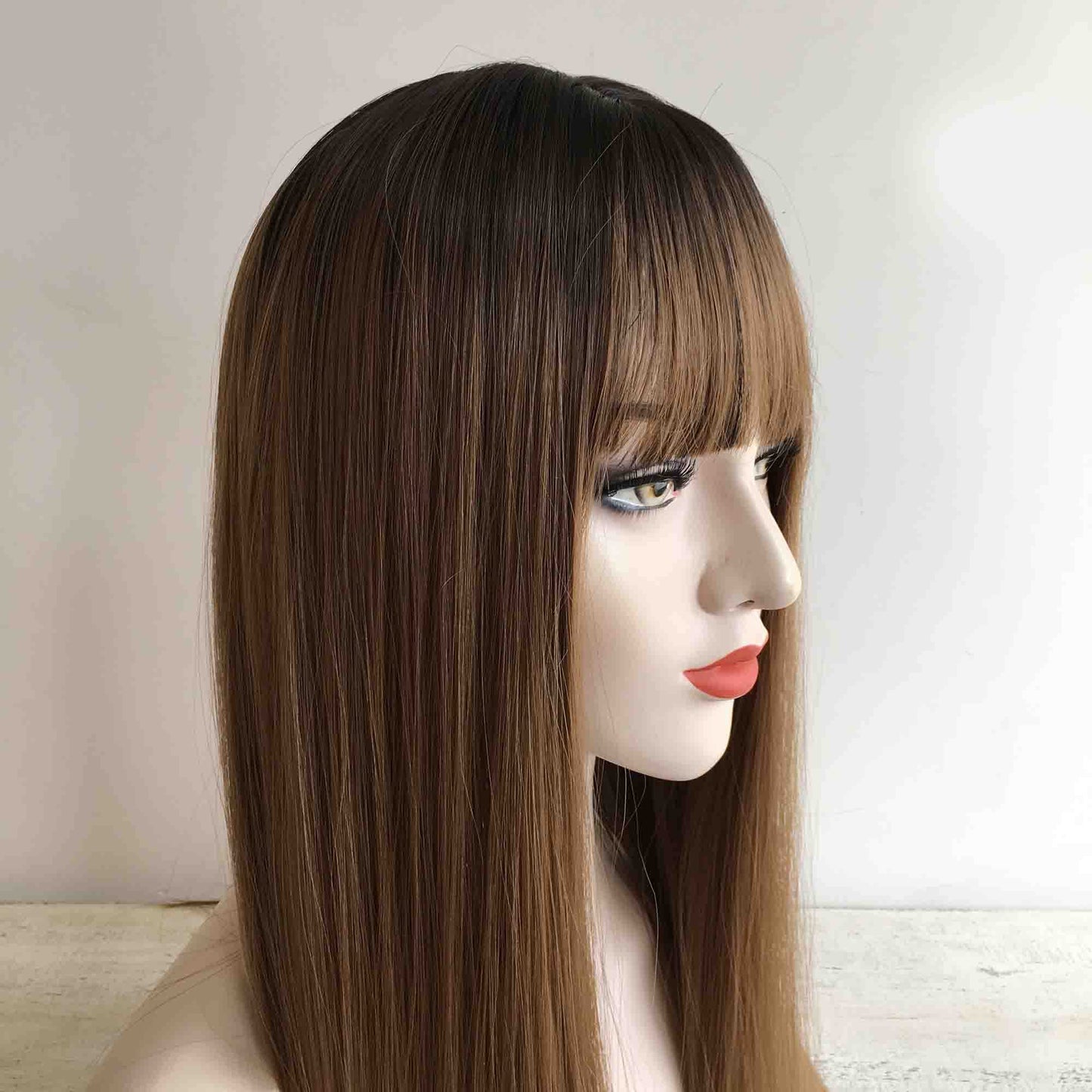 nevermindyrhead Brown Ombre Dark Root Long Straight Wig with Fringe Bangs, Heat Resistance Synthetic Wigs for Women 24 Inch