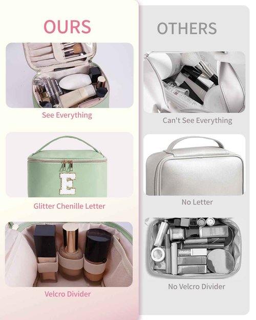 Wandering Nature Initial Makeup Bag, Personalized Travel Make Up Organizer Cosmetic Bags with Brush Holder in Vegan Leather, Gift with Chenille Letter for Moms, Wives, Girlfriend, Besties