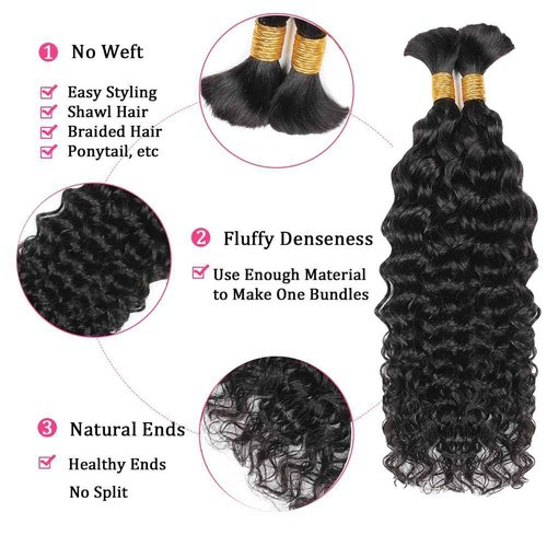 Human Braiding Hair 2 Bundles 100g 16Inch Water Deep Wave Bulk Human Hair for Braiding No Weft Braiding Hair Bulk Curly Human Hair for Boho Braids 12A Brazilian Virgin Hair Extensions Natural Color