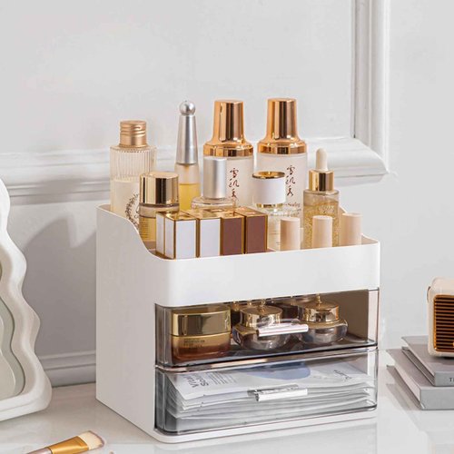 Makeup Organizer for Vanity,Vanity Organizer with 2 Drawers,Makeup&Skincare Organizers Countertop,Cosmetic Display Case,Vanity Storage Box(White)