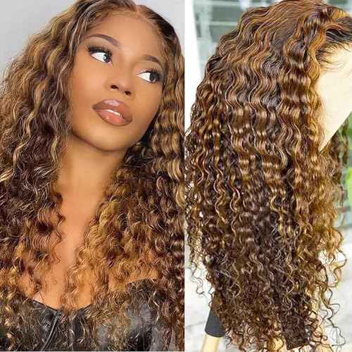 20 inch Honey Blonde Deep Wave Lace Front Wigs Human Hair, Curly Highlighted Wig Human Hair, Glueless Wigs Human Hair Pre Plucked Natural Hairline 180% Density, Ombre Wigs Human Hair