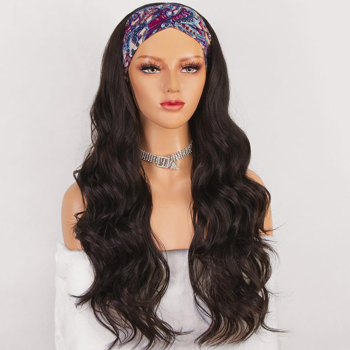 Long Wavy Headband Wigs for White Women, Gluless Wear and Go Half WIg, Natural Looking Synthetic Wig with Headband Attached Heat Resistant (Choc Brown)