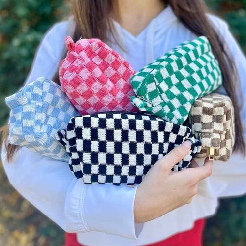 SOIDRAM 6 Pcs Checkered Makeup Bag Preppy Cosmetic Bag Bulk Pink Black Makeup Pouch Personalize Travel Toiletry Bag Organizer Cute DIY Makeup Brushes Storage Bag for Women