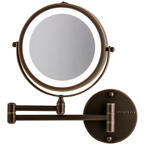 OVENTE Wall Mounted Lighted Makeup Mirror, 7" Double Sided 1X/7X Magnifying Vanity Mirror for Bathroom with LED Lights, Cordless, 360° Rotation and 13" Extendable Arm, Antique Bronze MFW70ABZ1X7X