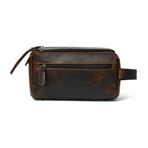 Leather Toiletry Bag for Men – Handmade Travel Kit, Small Leather Shaving & Toiletry Organizer, Durable Waxed Canvas Lining (Brown)