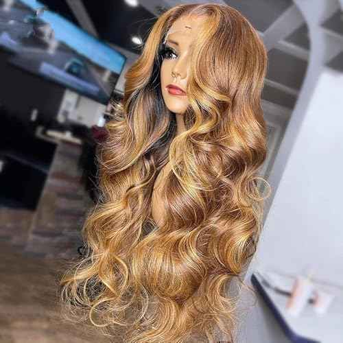 Body Wave Style Highlight Ombre Lace Frontal Wig Human Hair Wigs #4/27 Brown with Honey Blonde Color for Black Women Pre Plucked Hairline 180% Density (24inch, 13x6 Lace Front Wig)