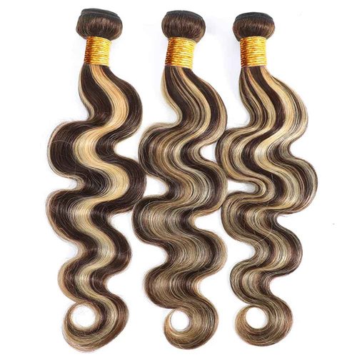Dokksiiia P4613 Ombre Highlight Body Wave Human Hair Bundles Chocolate Brown and Blonde Mix P4/613 Ombre Brown Weave Bundles Brazilian Human Hair Extensions Silky and Soft 10 12 14 Inch
