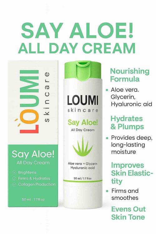 LOUMI Skincare Say Aloe All-Day Face Cream | Hydrating Aloe Vera & Hyaluronic Acid Moisturizer | Nourishes, Soothes & Softens Dry Skin | Natural, Vegan & Cruelty-Free | 1oz