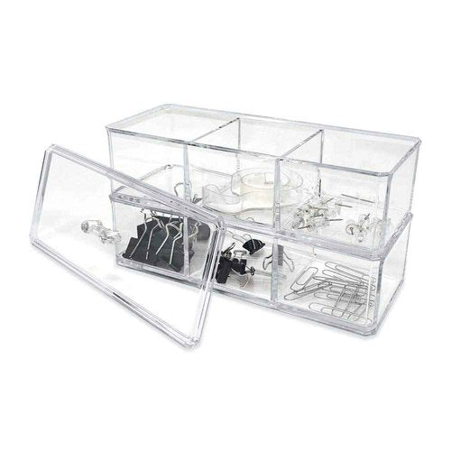 Isaac Jacobs 3-Compartment Clear Acrylic Rectangular Stackable Organizer with Lid, Multi-Sectional Drawer Tray, Storage Solution for Makeup, Craft Supplies, for Bathroom, Kitchen, Office (2, Clear)
