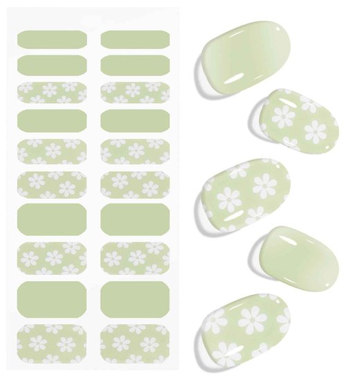 JMEOWIO Gel Nail Stickers White Flower Light Green Semi Cured Gel Nail Strips Wraps UV/LED Nails Art Design Decoration Accessories
