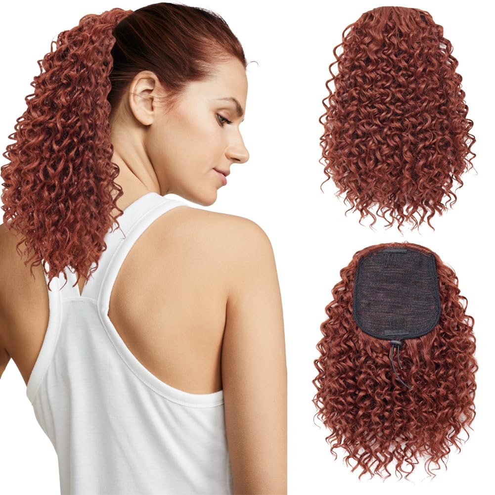 LOSMOEER Ponytail Extension 10 Inch Drawstring Ponytail Hair Extensions for Women Reddish Brown Short Kinky Curly Ponytail Fake Hairpiece Daily Party Use