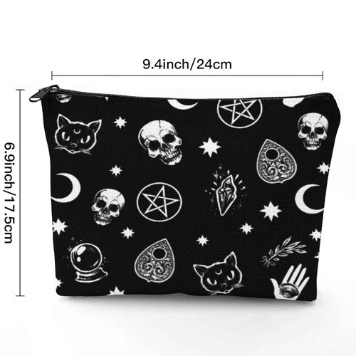 Franala Halloween Makeup Bag Gothic Skull Cat, Large Capacity Portable Toiletries with Lined, Goth Zipped Cosmetic Bag Pouch for Women, Travel Shopping Accessories Birthday Gifts