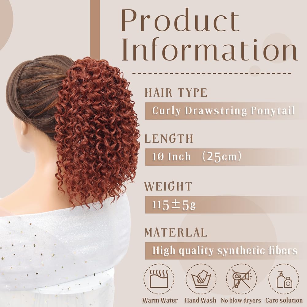 LOSMOEER Ponytail Extension 10 Inch Drawstring Ponytail Hair Extensions for Women Reddish Brown Short Kinky Curly Ponytail Fake Hairpiece Daily Party Use